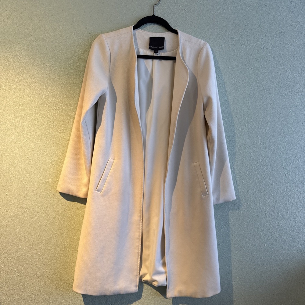 Harlow & Graham Women's White Knee Length Open Front Coat Quiet Luxury Size XS